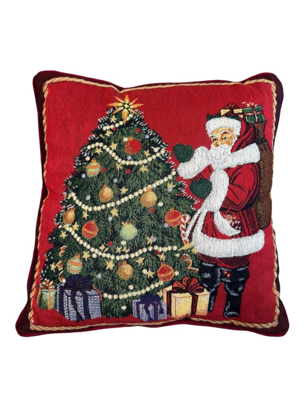 Holiday Santa Claus Christmas Tree Tapestry Decorative Pillow 16.5" x 16.5"